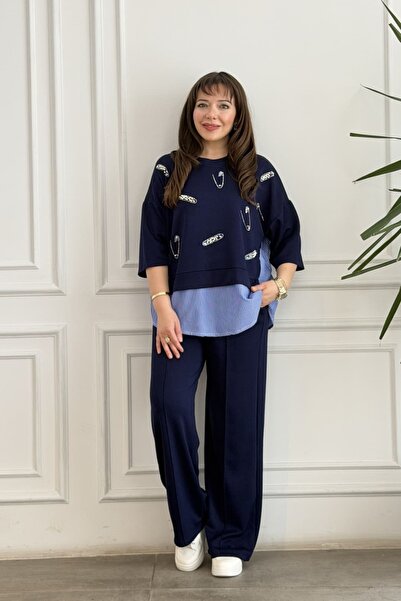 yb yağmur butik Short Sleeve Suit with Pearl Stone Embroidery on the Front