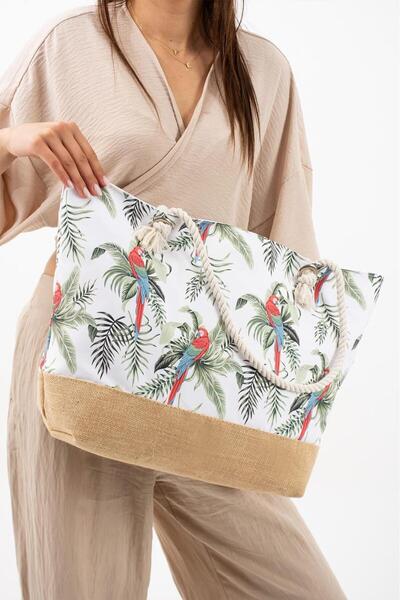 Çanta Trend Μεγάλη χαλαρή τσάντα παραλίας με ψάθινη λεπτομέρεια και σχέδια