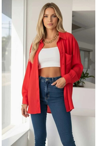 blackbonds Kadın Kırmızı Oversize Pamuklu Rahat Tek Cepli Keten Gömlek – Yeni...