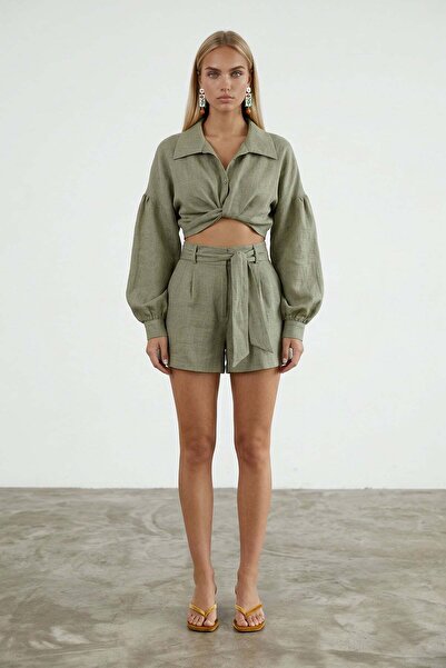 Trend Alaçatı Stili Khaki Shirt Collar Tie Detail Woven Double-Breasted Blous...