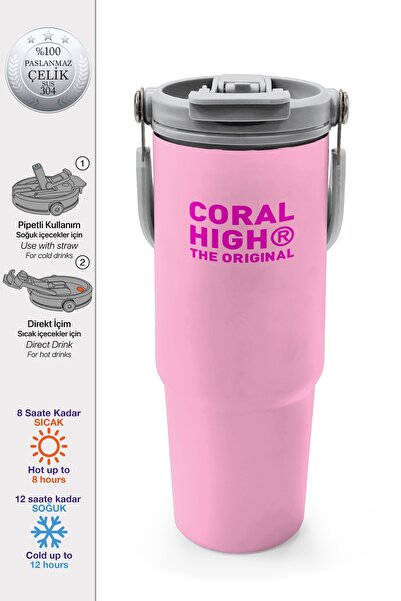 Coral High ترمس فولاذي وردي فاتح مع شفاطة وغطاء للشرب المباشر 900 مل 38751