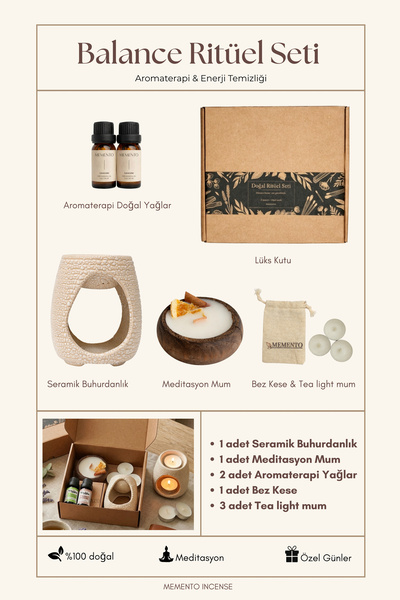 memyap Balance Ritüel Seti-Seramik Buhurdanlık, Premium Yağlar, Dekoratif Mum ve Tealight Mum Seti
