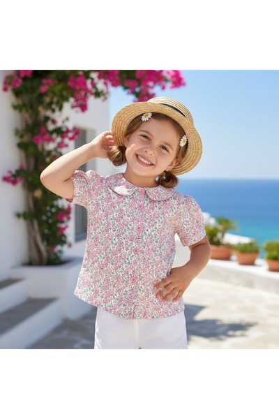 OEM Κοριτσίστικη κοντομάνικη μπλούζα, με φλοράλ σχέδιο, κομψή και μοντέρνα, ά...