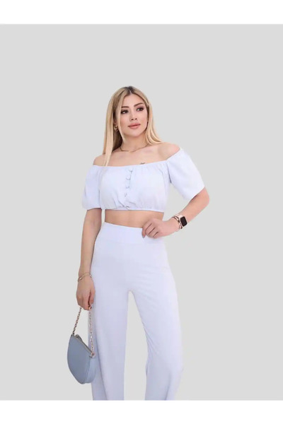 AZALEA Γυναικείο Σετ Παντελονιού με Κροπ Τοπ σε Γαλάζιο Χρώμα