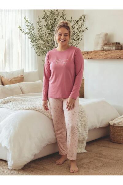 Elit Kadın Büyük Beden Süprem Penye Rahat Kalıp Uzun Kollu Alt Uzun Pijama Takımı