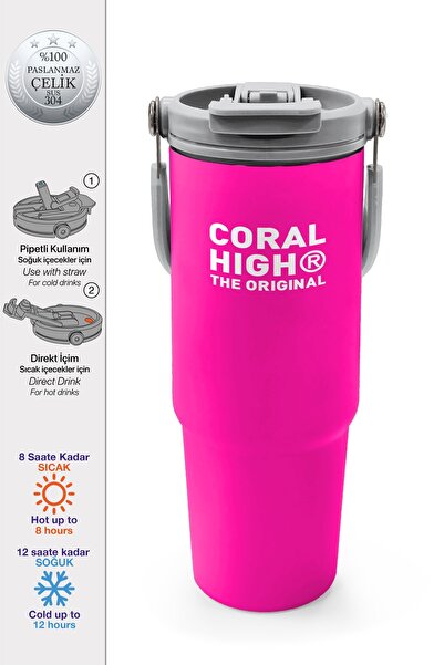 Coral High Pembe Pipetli ve Direkt İçim Çelik Termos 900 ml 38753
