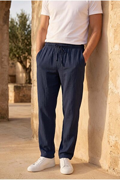 Valiberta بنطلون رجالي فضفاض من الموسلين خفيف الوزن ومريح - أزرق داكن