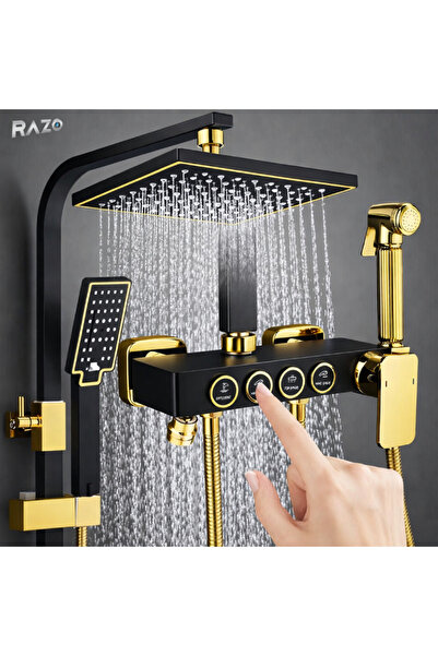 Razo Σετ ντους με χρυσά κουμπιά, 4 λειτουργίες, κεφαλή ντους και κεφαλή βροχή...