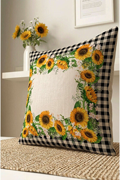 Cango Home Μαύρο και λευκό καρό κάλυμμα μαξιλαριού με σχέδιο ηλίανθου CGH1237