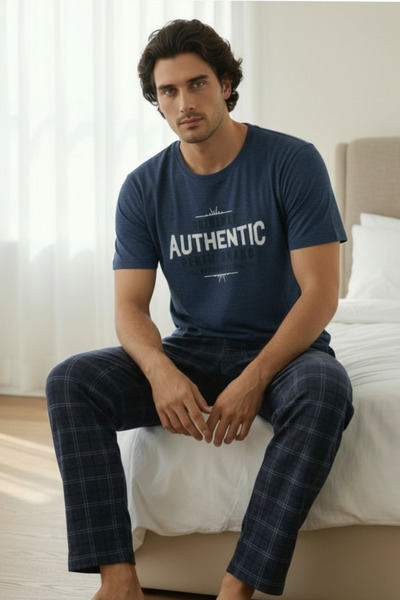 Fanwet Ανδρικό σετ καλοκαιρινών πιτζάμες με κοντό μανίκι και καρό σχέδιο από ...