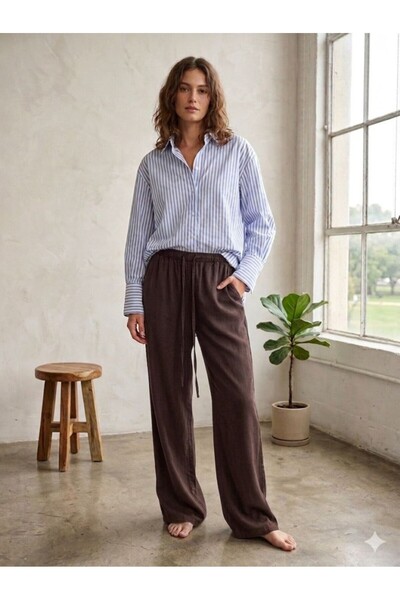 CGA Γυναικείο καφέ παντελόνι με δέσιμο στη μέση, φαρδιά γραμμή, από ύφασμα Te...