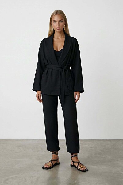 Trend Alaçatı Stili Μαύρο σετ με σάλι, δεμένο στο λαιμό, λινό σακάκι Sofia κα...