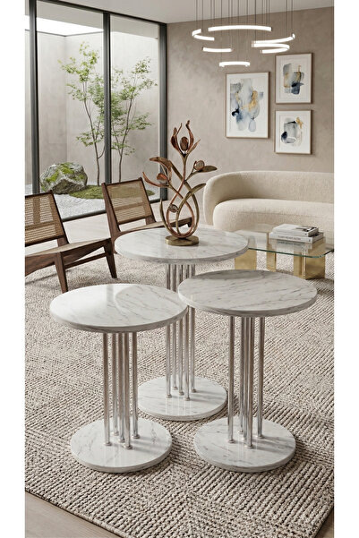 Zigon 3'LÜ YUVARLAK MODERN SEHPA ( ALTAY ) KROM - CARRARA MERMER DESEN