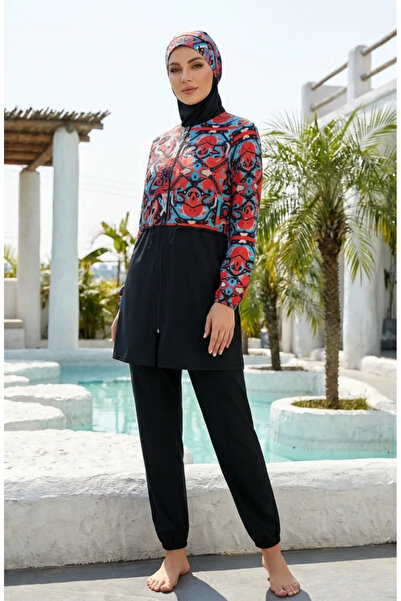 sefamerve Ρυθμιζόμενο μαγιό χιτζάμπ με φερμουάρ και σκουφάκι δώρο 1907-03 Mercan