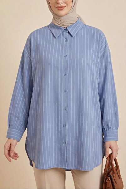 Modamorfo Ριγέ πουκάμισο Linda με σκίσιμο - Μπλε χιονιού