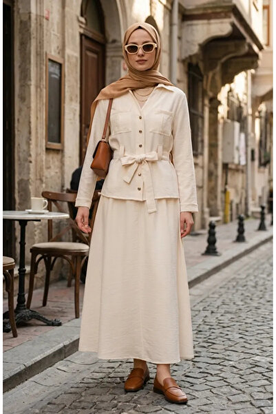 sefamerve Λινό Υφασμάτινο Σακάκι και Φούστα Διπλό Σετ 0256-02 Κρεμ