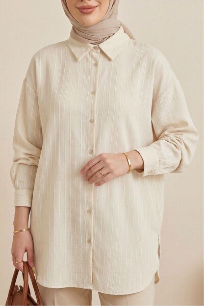 Modamorfo Ριγέ πουκάμισο Linda με σκίσιμο - μπεζ