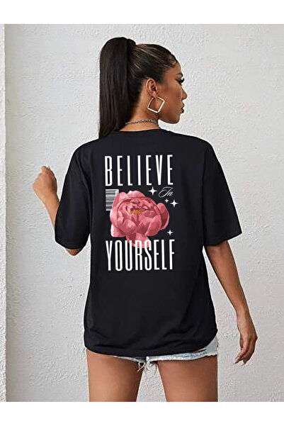 SUNFREE TREND FLOWERS MIX Μαύρο μπλουζάκι Premium Basic Oversize με στάμπα στ...