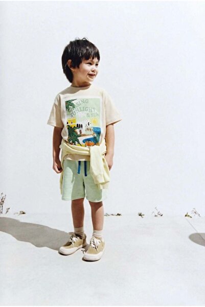Magu Boy's Cotton Beige Printed T-Shirt Shorts Set