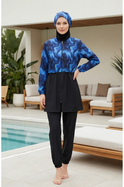 sefamerve Μαγιό χιτζάμπ με ρυθμιζόμενη μέση και φερμουάρ, με δώρο καπέλο 1907...