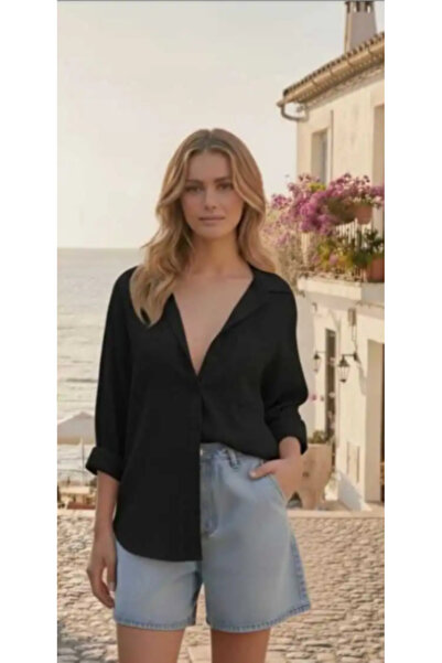 blackbonds Kadın Siyah Oversize Pamuklu Rahat Tek Cepli Keten Gömlek – Yeni Y...