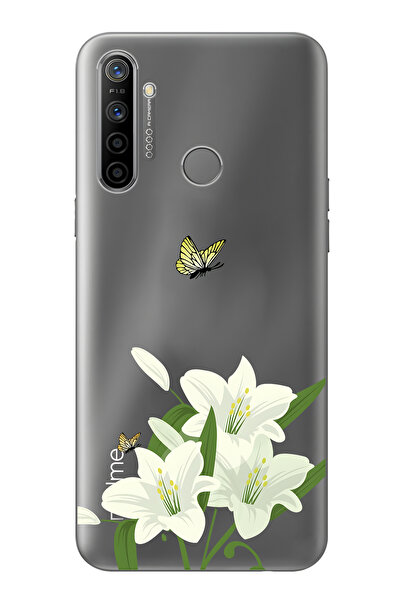 FLAMENKO Realme 5i / 6i / C3 Uyumlu Beyaz Zambak Desenli Şeffaf Telefon Kılıfı