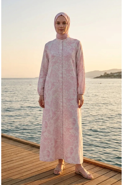 sefamerve Φόρεμα από λινό με κουμπιά 0261-03 Ροζ