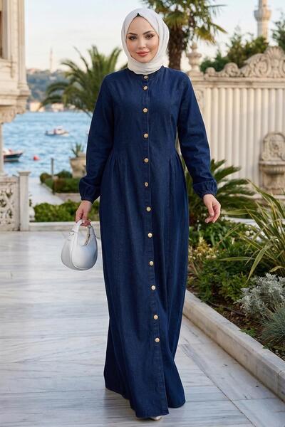 hafsamina Φόρεμα τζιν με κουμπιά στο λαιμό και σε όλο το μήκος του, σκούρο μπ...