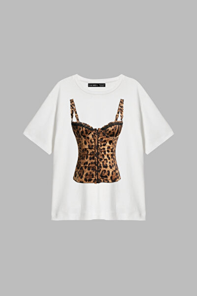 Bak Moda Tricou alb pentru femei Leo Top cu imprimeu cu croială relaxată