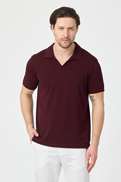 Frappoli Vita Men's Burgundy Modal Fabric Slim Fit Flexible Polo Collar T-Shirt