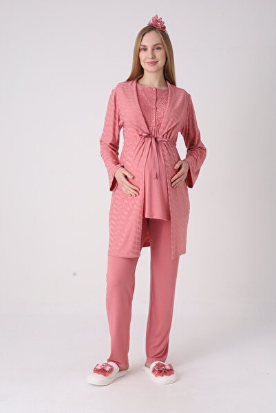 ERDENİZ TEKSTİL Set of 3: Cotton Maternity & Pregnancy Pajama Set with Lace Robe