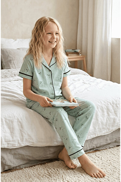 vitmo Κοριτσίστικο κοντομάνικο σετ πιτζάμες με κουμπιά, 100% βαμβακερό, Night...