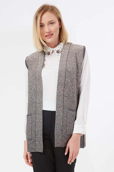 Uludağ Triko Women's Smoked Sand Pocketed Sleeveless Knitted Vest