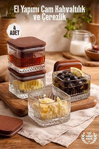 GİNZAMAİSON 4'lü Set Kare, El Yapımı Cam Kahvaltılık ve Çerezlik - Kayın Kapaklı