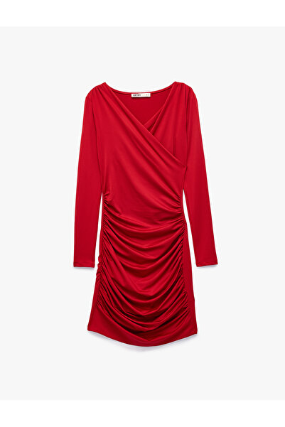 Koton Long Sleeve V-Neck Draped Double Breasted Mini Dress