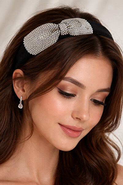 Modex Κομψό στέμμα με λεπτομέρεια φιόγκου από πέτρα σε μαύρο χρώμα