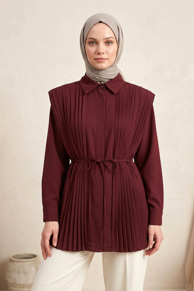 FERHEL Γυναικείο πουκάμισο με πιέτες και λεπτομέρειες με κορδόνια, μακρυμάνικ...