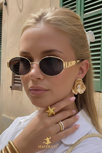 MACERATİ Calen Women's Ellipse Gold Framed Black Ultra Light Uv400 Filtered S...