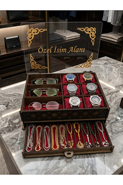 URFA LAZER Kişiye Özel 2 Katlı Ahşap Gözlük Saat Kolye Tesbih Koleksiyon Kutu...