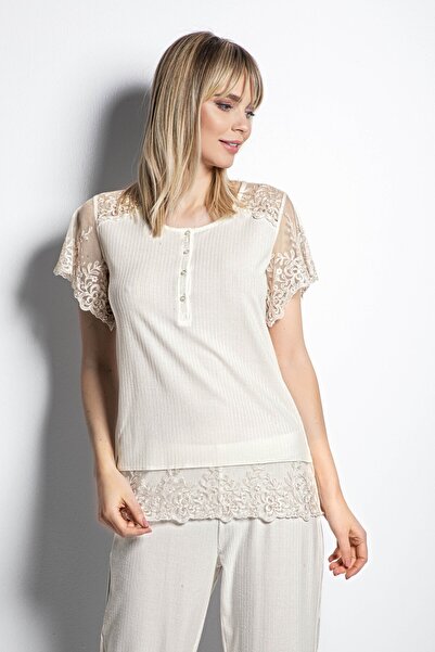 MONAMİSE Women'S, Plus Size, Ecru, 80% Viscose 20% Polyester, Buttoned Front, Embroidered Lace, Capri Set