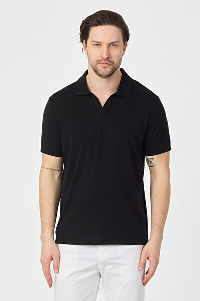 Frappoli Vita Men's Black Modal Fabric Slim Fit Flexible Polo Collar T-Shirt