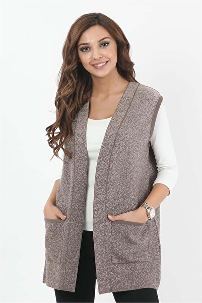 Uludağ Triko Women's Mink Sand Pocket Sleeveless Knitted Vest