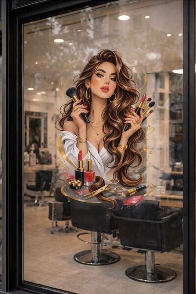 Göktuğ Hediyelik Kuaförü Cam Sticker – Güzellik Salonu Kadın Figürü Folyo Bas...