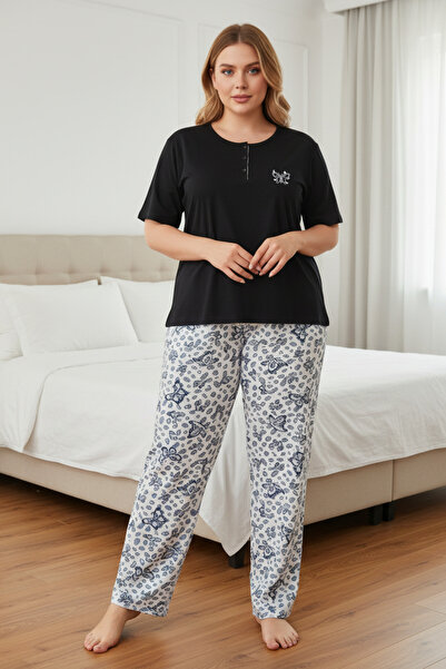 Fanwet Women's Plus Size Patterned Short Sleeve Summer Pajama Set