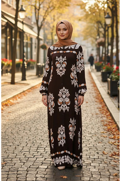 sefamerve Φόρεμα με σχέδια και ελαστικά μανίκια από βισκόζη 2201-03 Καφέ