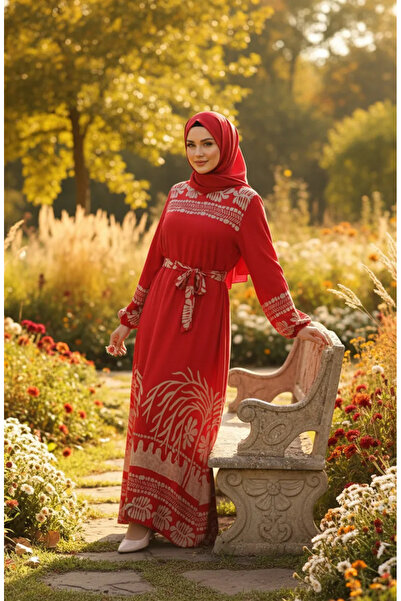 sefamerve Φόρεμα με σχέδια και ζώνη από βισκόζη 2206-02 Κόκκινο