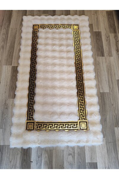 KuzeyCarpet Ekru Renkli Gold Varaklı Ponponlu Peluş Halı