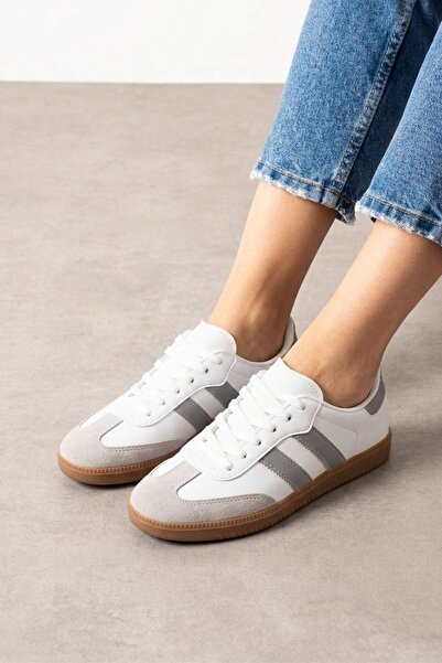 FUGA MODA Αθλητικά παπούτσια Fortuna με λευκές γκρι ρίγες και κορδόνια