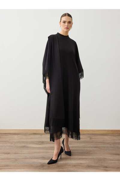 Refka Kimono din țesătură creponată cu detalii cu ciucuri - Negru -