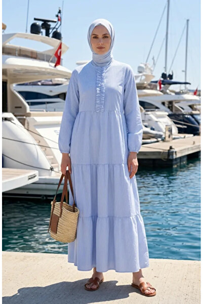 sefamerve Ριγέ Φόρεμα Ποπλίνα με Λεπτομέρεια Βολάν 2190-03 Μπλε